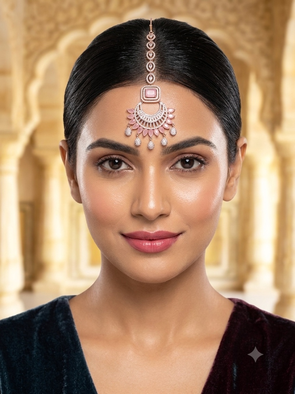 Women's Pink Maang Tikka Jewelry - Elegant Bridal Forehead Pendant